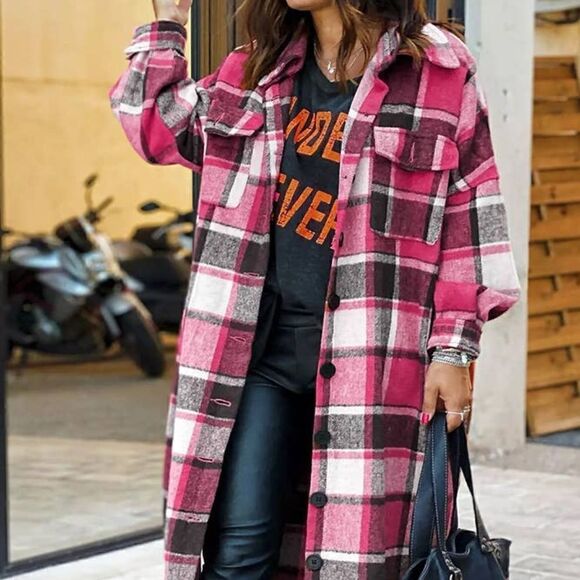 Jackets & Blazers - NEW!! Beautiful Boho Pink Black Plaid Flannel Shacket Jacket Maxi Length Shirt